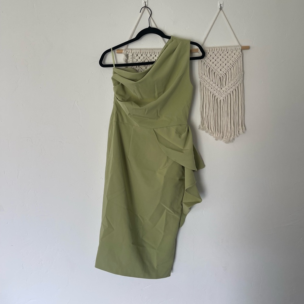 Fehaute One Shoulder Ruffle Side Lime Green Midi Dress